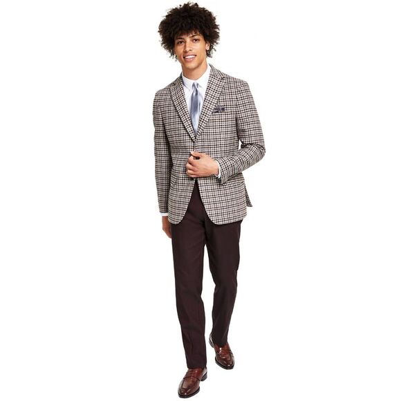 Tallia Mens Slim-Fit Wool Check Sport Coat 40 Regular Brown/Gray - NWT $295